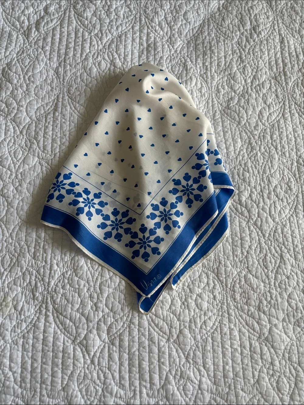 Vintage Vera Neumann Square Blue & White Floral Heart Scarf Silk Rayon?